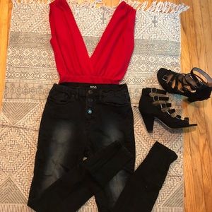 Boohoo Red Deep V Bodysuit
